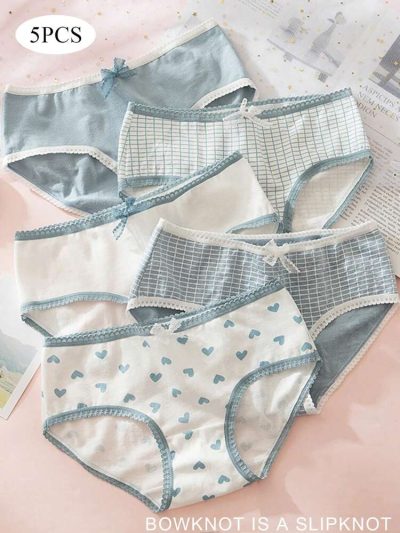 5-Pack Cotton Blend Printed Brief Panties for Women – Soft Everyday Underwear – Cute Blue Mix – Shein Style Panty Set