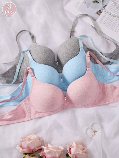 3-Pack Wireless Cotton Blend T-Shirt Bras for Women – Soft Everyday Comfort Bra Set – Shein Style Basic Lingerie