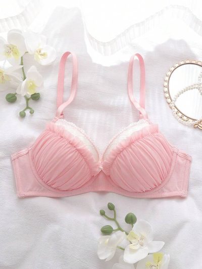 Pink Ruched Push Up Bra for Women – Underwire Padded Bra – Soft Feminine Shein Style Lingerie