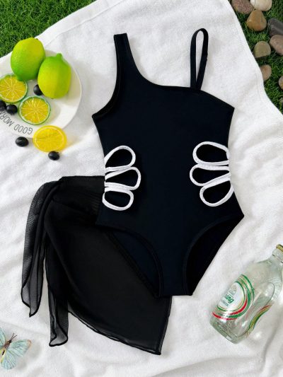 Girls Black One Shoulder Swimsuit with Sheer Cover-Up Skirt, Cut-Out Side Beachwear Set