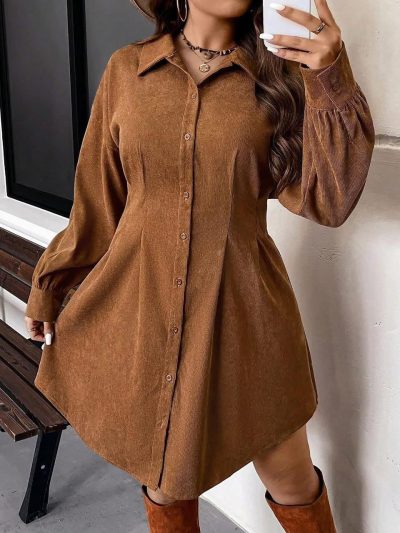 Women Brown Long Sleeve Button Down Shirt Dress, Loose Fit Casual Mini Dress