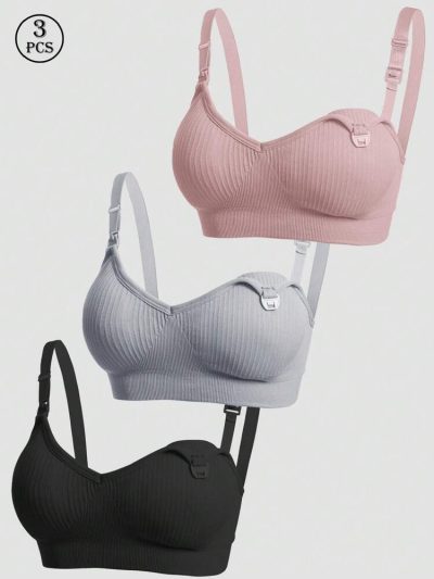 3 Pcs Seamless Ribbed Nursing Bra Set for Women – Wireless Maternity & Breastfeeding Bras with Clip Opening – Shein Style