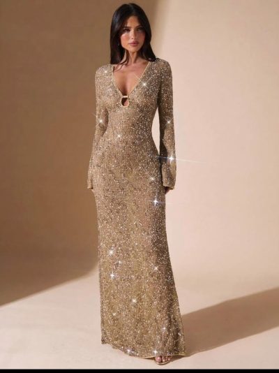 SHEIN Women Gold Sequin Long Sleeve Maxi Dress