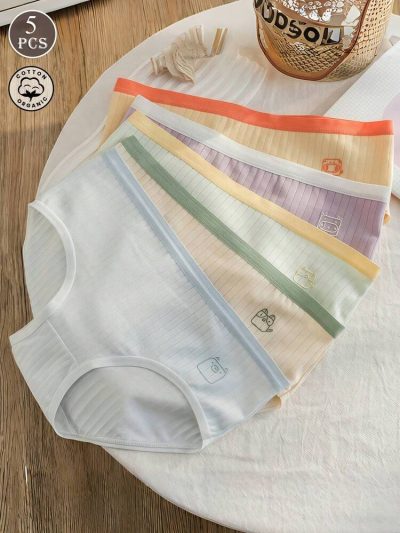 5-Piece Organic Cotton Women’s Ribbed Brief Panty Set – Soft Breathable Mid Rise Everyday Underwear in Pastel Colors