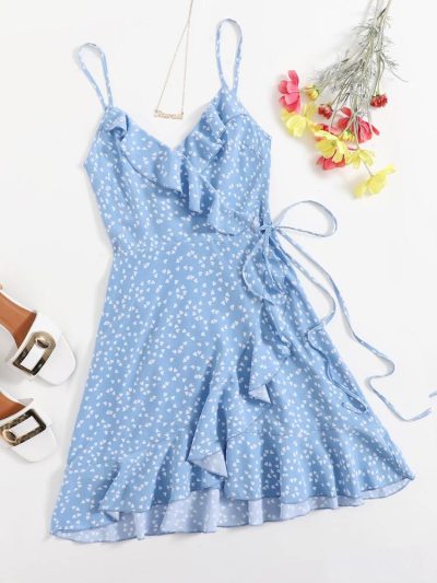 Blue Heart Print Ruffle Wrap Mini Dress – Spaghetti Strap Tie Side Summer Dress for Women
