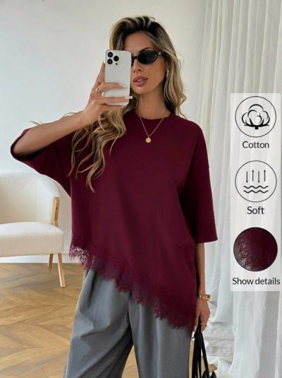 SHEIN Burgundy Cotton Lace Hem Oversized Top - SHEIN Fast Delivery in 5 Days