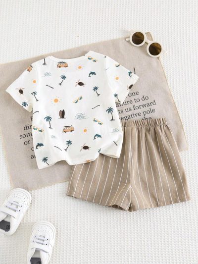 Baby Boys Beach Print Cotton T-Shirt & Striped Shorts Set – Beige Summer Outfit
