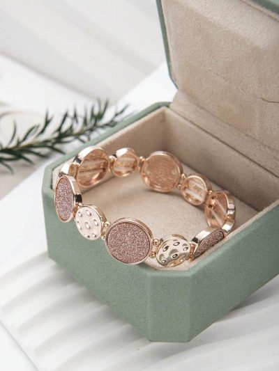 Rose Gold Textured Disc Stretch Bracelet for Women