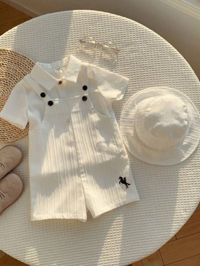 Baby Boy White Suspender Romper Set – Collared Shirt Style One-Piece Outfit