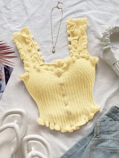 Women’s Yellow Ruffle Knit Crop Tank Top