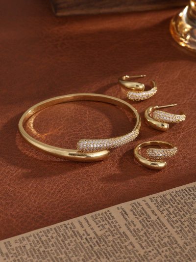 4 Piece Gold Tone Crystal Accent Jewelry Set – Bangle Bracelet Hoop Earrings and Ring – Elegant Women Accessories