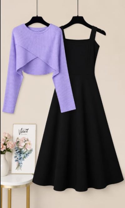 2-Piece Dress Set – Black Midi Dress with Lavender Ribbed Top – Casual Chic Outfit for Women