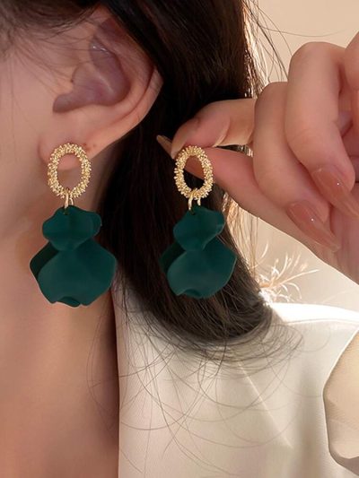 Dark Green Abstract Drop Earrings – Gold Textured Oval Stud Earrings – Statement Women Fashion Jewelry