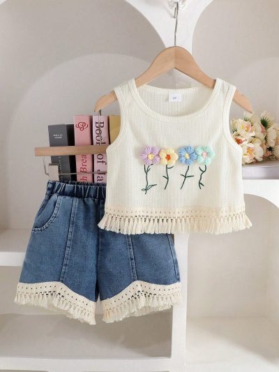 Girls Cream Flower Embroidery Top & Denim Shorts