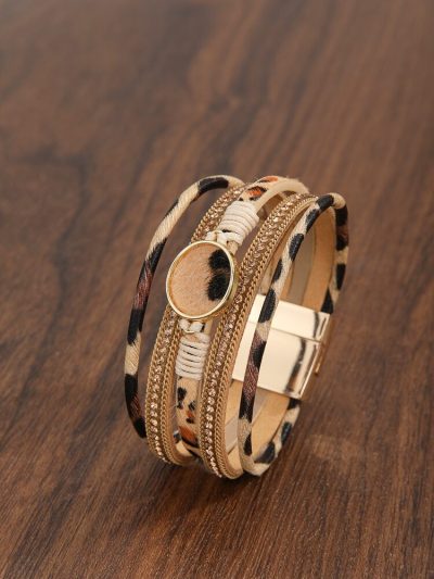 Leopard Print Layered Wrap Bracelet – Gold Tone Magnetic Clasp Statement Bracelet for Women