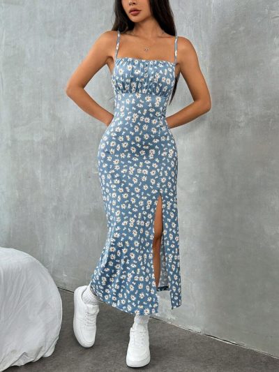 Blue Daisy Print Cami Midi Dress with Side Slit – Slim Fit Summer Floral Dress for Women