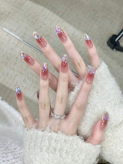 30PCS Burgundy Glitter Ombre Press On Nails – Long Almond