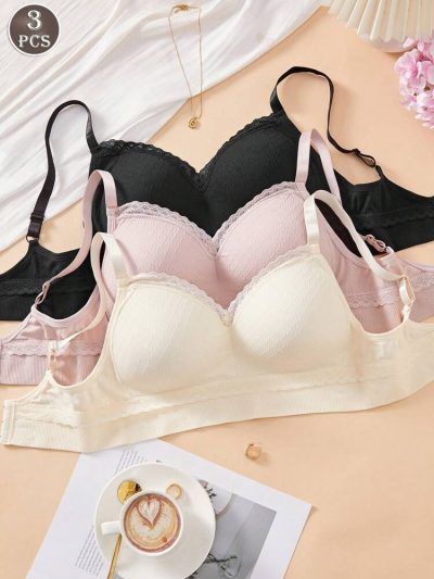 3-Piece Women’s Wireless Comfort Bra Set – Soft Ribbed Padded Everyday Bras in Black, Pink & Cream