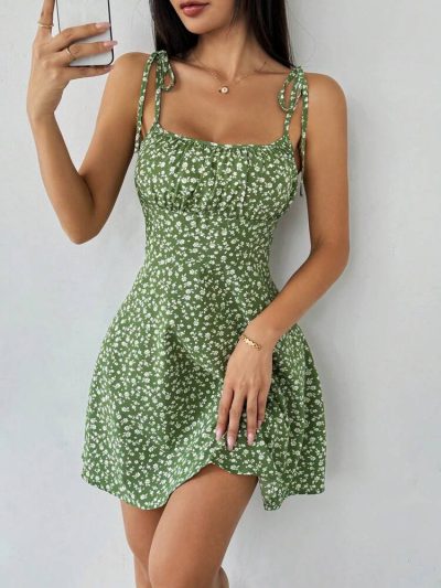 Green Floral Tie Strap Mini Dress – Sleeveless Fit & Flare Summer Dress for Women