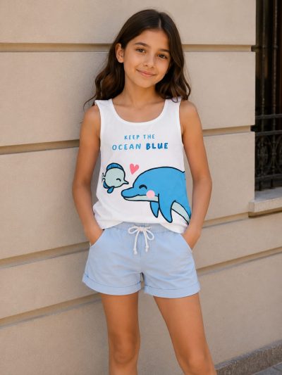 Girls White Dolphin Tank Top & Blue Shorts Set – 2 Piece Summer Outfit, Fast Delivery in 5 Days