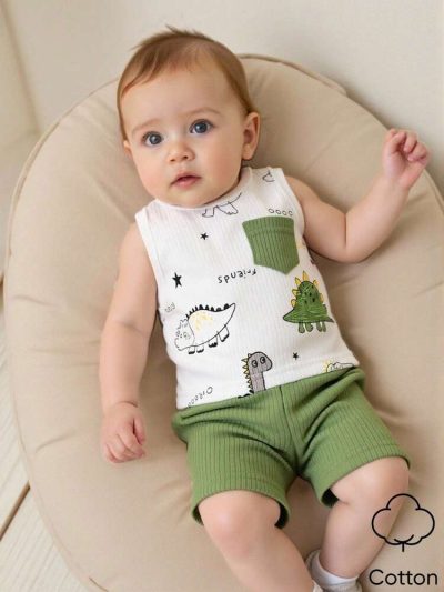 Baby Dinosaur Print Sleeveless Top and Ribbed Shorts Set – Soft Cotton Blend Toddler Outfit – White Green