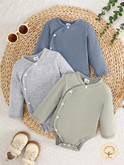 Baby 3-Pack Wrap Front Long Sleeve Bodysuits – Soft Cotton Snap Closure Onesie Set