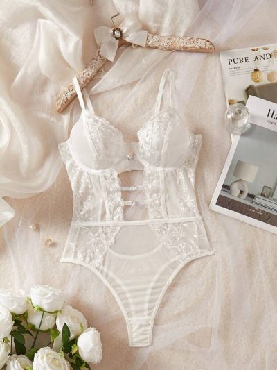 Women White Lace Bodysuit Lingerie – Elegant Floral Mesh One Piece