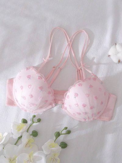 Pink Floral Embroidered Push Up Bra for Women – Underwire Lace Bra – Double Strap Design – Shein Style Cute Lingerie