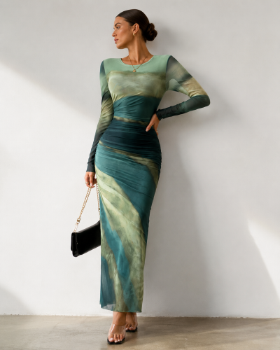 Rafferriza Petite Green Printed Mesh Bodycon Maxi Dress