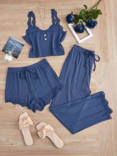 Women’s Blue Ribbed Lace Trim 3 Piece Pajama Set – Cami with Shorts & Wide Leg Pants Sleepwear Set