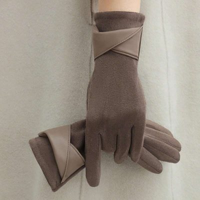Women Winter Gloves – Soft Fleece Warm Touch Screen Gloves with Cross Leather Detail Brown