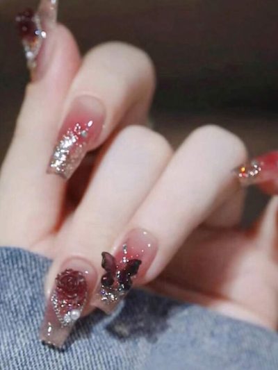 24PCS Burgundy Rose & Butterfly Press On Nails – Glitter Gradient Design