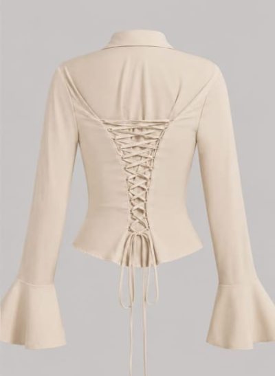 SHEIN Women’s Beige Lace-Up Back Flare Sleeve Blouse