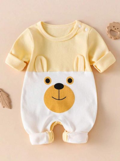 Baby Bear Print Long Sleeve Romper – Soft Cotton Blend Infant Jumpsuit – Snap Shoulder – Yellow White