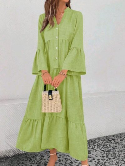 Light Green Tiered Maxi Dress – Casual Button Front Women Long Dress