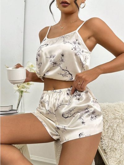 Women Champagne Satin Floral Cami Pajama Shorts Set