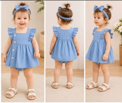 Baby Girls Blue Ruffle Romper Dress with Matching Headband – 2 Piece Outfit
