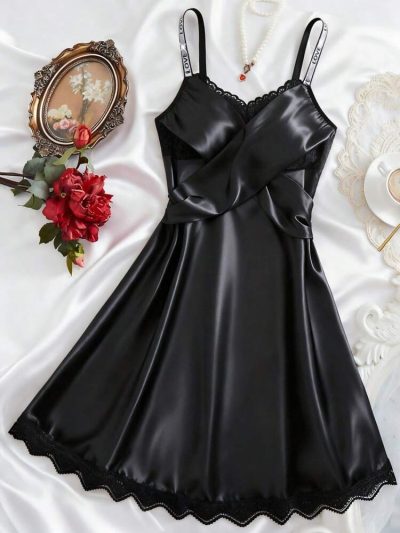 Black Satin Lace Slip Dress – Elegant Spaghetti Strap Night Dress