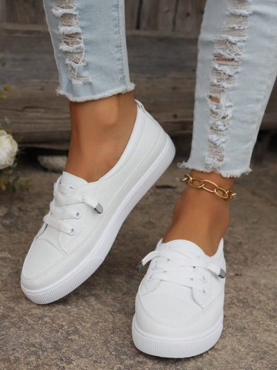 White Lace Up Platform Sneakers – Casual Low Top Everyday Shoes for Women