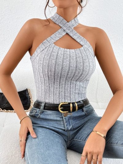Heather Gray Cross Halter Knit Top – Ribbed Sleeveless Fitted Tank – Cut Out Neck Slim Fit Style