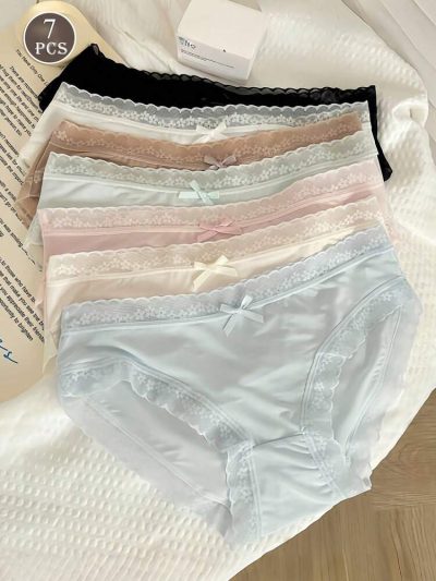 7-Piece Women’s Lace Trim Brief Panty Set – Soft Stretch Mid Rise Everyday Underwear in Elegant Assorted Colors