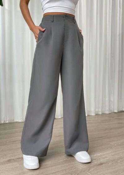 SHEIN Women’s Grey High Waist Wide Leg Pants – Tailored Loose Fit Trousers, SHEIN Fast Delivery in 5 Days