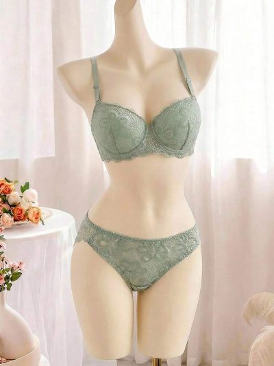 Women’s Sage Green Lace Bra & Panty Set – 2 Piece Underwire Lingerie Set – Elegant Floral Lace Matching Underwear