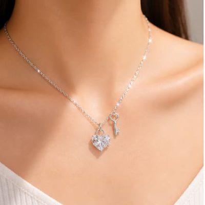 Heart Necklace with Key Pendant – Silver Crystal Charm Necklace for Women