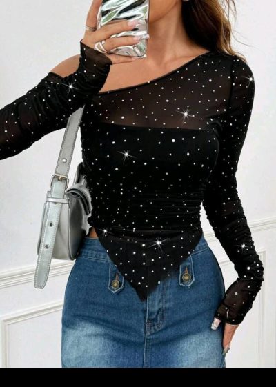 Black Sheer Mesh Rhinestone Asymmetrical Top
