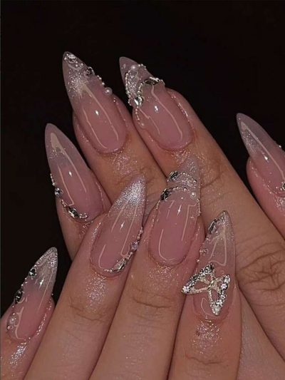 24PCS Nude Pink Butterfly Stiletto Press On Nails – Silver Glitter Design