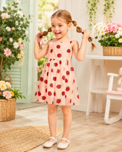 Girls Pink Strawberry Print Sleeveless Dress
