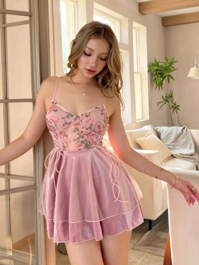 Pink Floral Lace Babydoll Nightdress – Women Romantic Sleepwear
