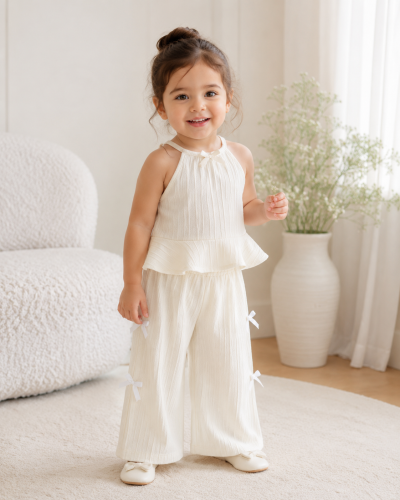 Baby Girls White Ribbed Peplum Top and Wide Leg Pants Set with Bow Details