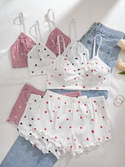 3-Pack Heart Print Cami Top & Shorts Pajama Set for Women – Soft Ribbed Sleepwear – Cute Lounge Set – Shein Style Nightwear